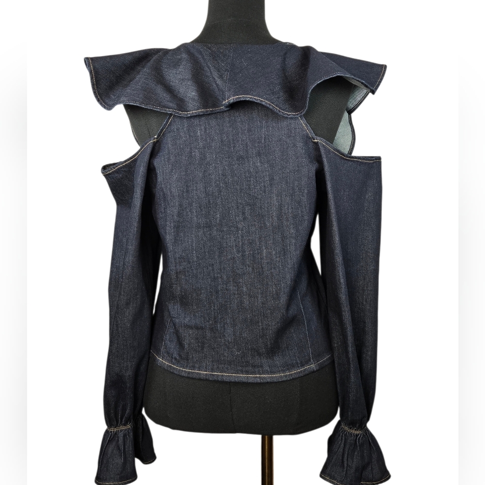 The Attico Ruffle Denim Blouse Scoop Neck Cold Shoulder Made in Italy | US Small - Picture 6 of 11